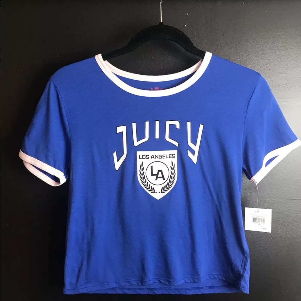 New JUICY COUTURE LA Crest Logo Tee T-Shirt Girls California Blue White Kids Top